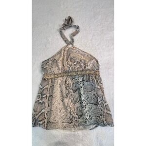 Moda International Snakeskin Halter Top Beaded Empire Waist Blouse Tan Grey 12